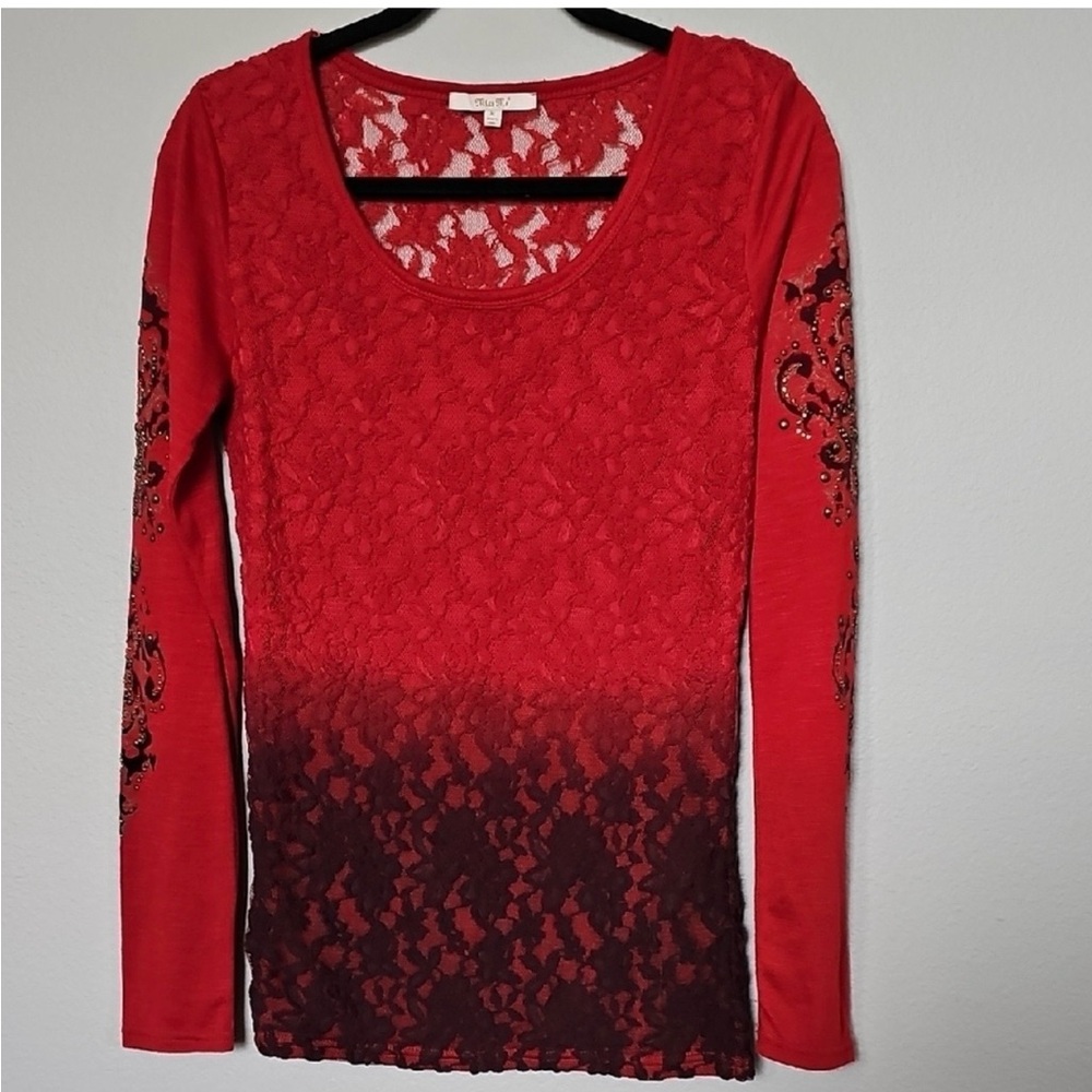 Miss Me Biker Moto Floral Lace Red Ombre Studded long sleeve top medium